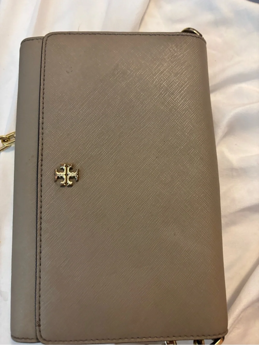 Tory Burch Taupe Saffiano Leather Wallet Crossbody with Gold Logo